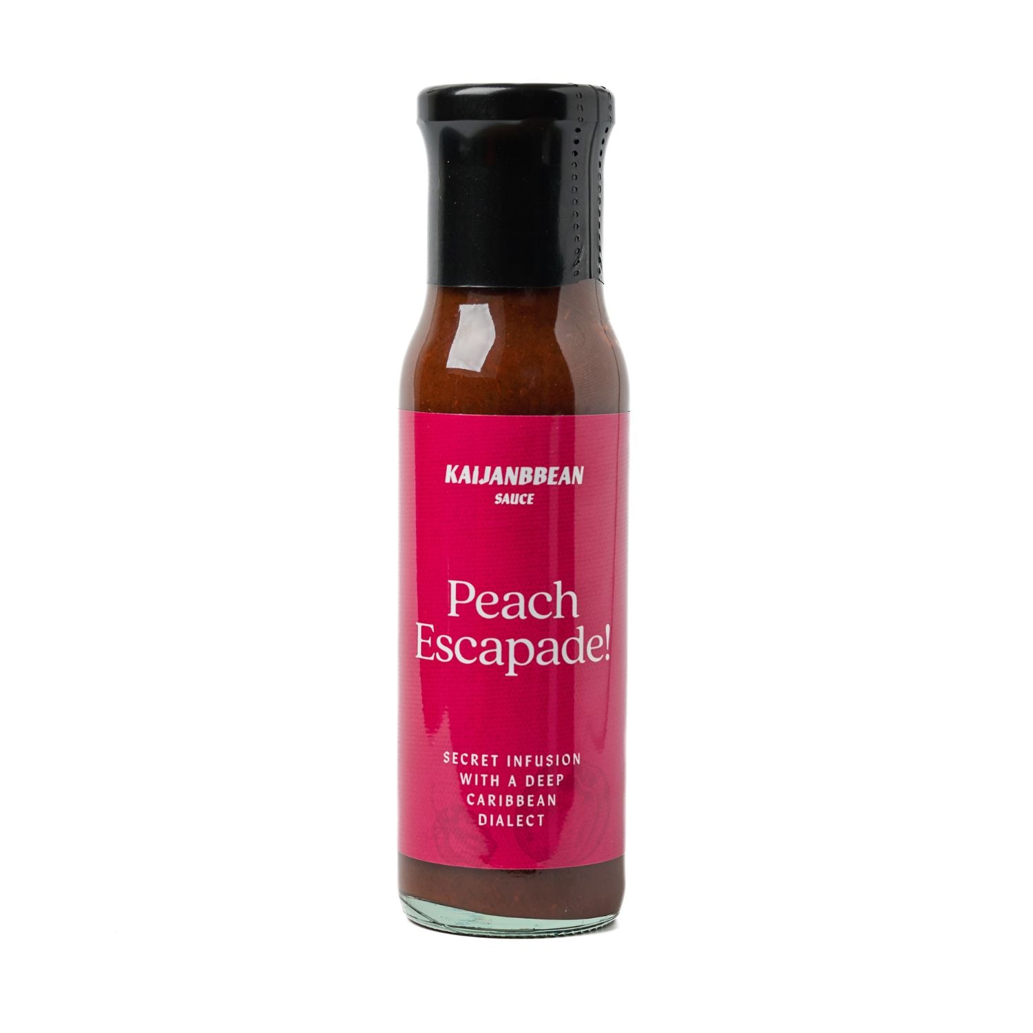 Bottle of KALJANBEAN Peach Escapade sauce on a white background