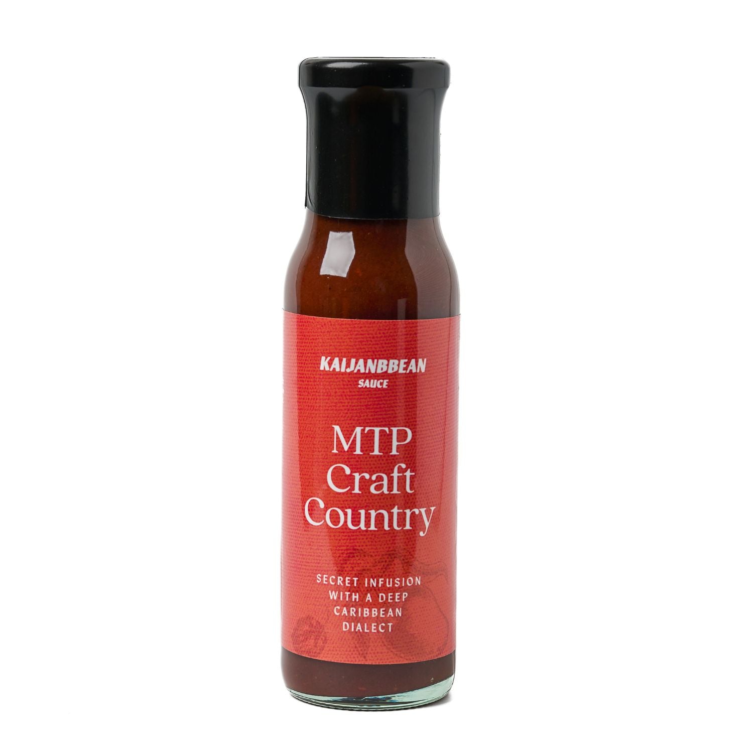 Bottle of MTP Craft Country sauce with a red label on a white background